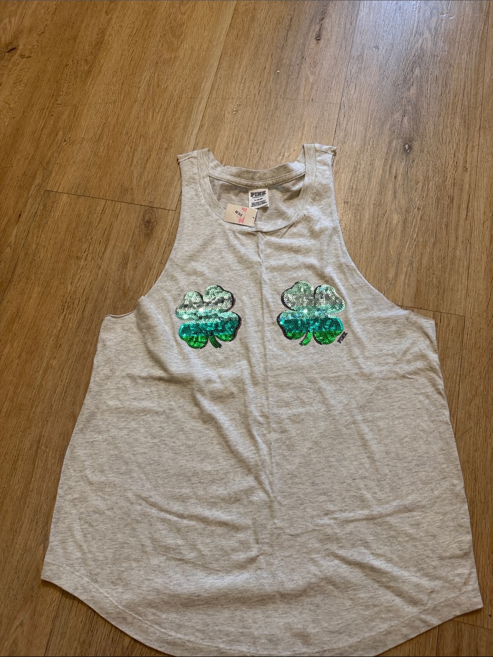 Gray Tank Top with Green Sequin Shamrock Design